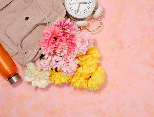 A flat lay photography showcasing the seven key pieces of a spring capsule wardrobe from Shein, including a trench coat, a basic t-shirt, a pair of jeans, a versatile dress, etc, arranged on a white background with spring flowers around them.