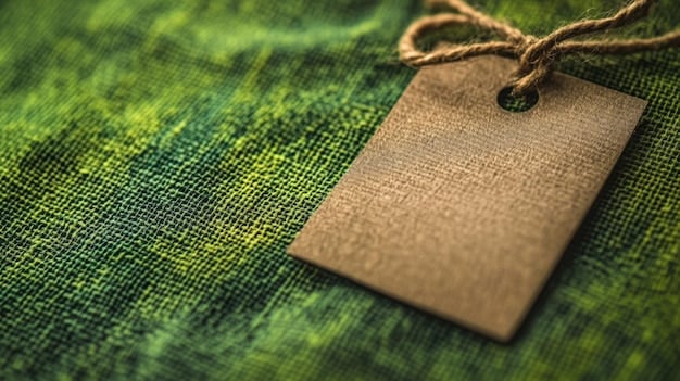 A close-up of a clothing label showing various eco-friendly certifications, including GOTS and OEKO-TEX. The label is attached to a garment made of natural fibers, displaying information about the fabric composition and care instructions.