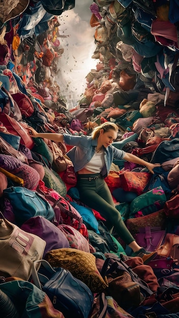 Workers in a textile recycling plant sorting through a mountain of used clothing. The scene shows the scale of the clothing waste problem and the potential for recycling.