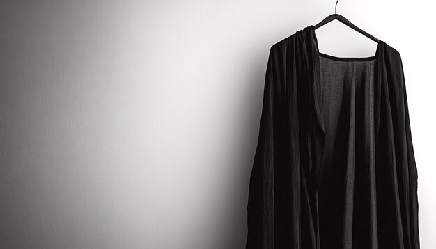 A plain black dress with a simple, elegant cut hanging on a rack, focusing on the fabric texture and clean lines.