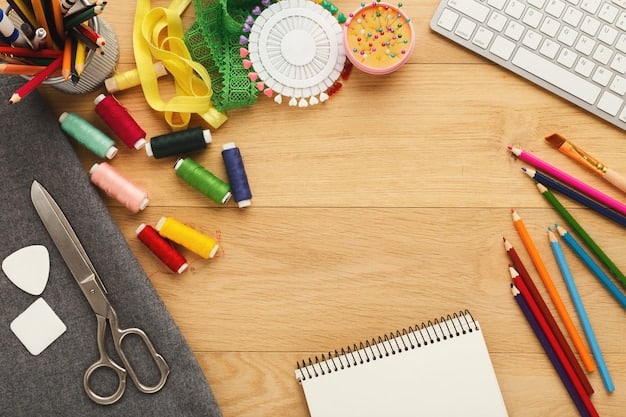 A well-organized crafting table with various customization tools such as fabric scissors, embroidery hoops, sewing needles, a hot glue gun, fabric markers, and stencils. Several Shein clothing items are scattered around, ready to be customized.