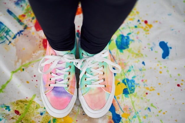 Close-up of a person customizing white canvas sneakers with colorful patches and markers, showcasing the DIY customization theme and personalization of the trend.