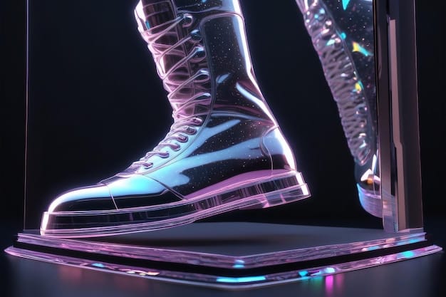 A selection of futuristic shoes displayed as art in a gallery, including silver boots with laser-cut details and transparent pumps filled with neon liquids, highlighting the audacious and futuristic shoe trends.