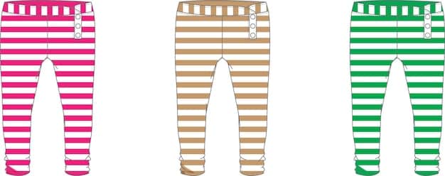 A close-up of striped trousers, highlighting the vertical lines and their lengthening effect on the legs. Different stripe widths and colors are showcased.
