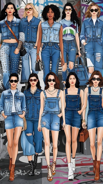 A collage showing different styles of high-waisted jeans and skirts, with models wearing tucked-in tops and crop tops. The focus is on showcasing the variety and versatility of high-waisted fashion.