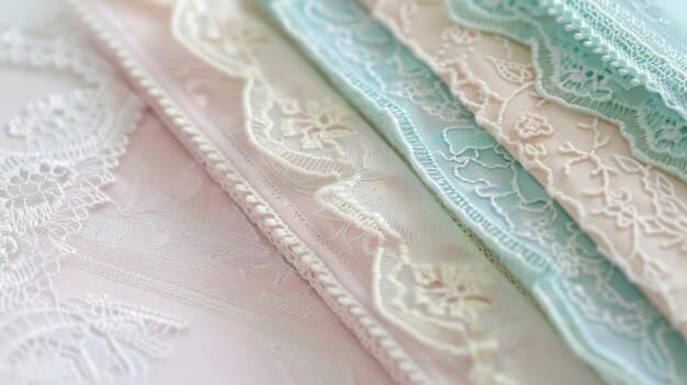 A close-up shot of various fabrics like linen, cotton, silk and lace in pastel colours. The image should have a soft focus, highlighting the textures and lightness of the materials.