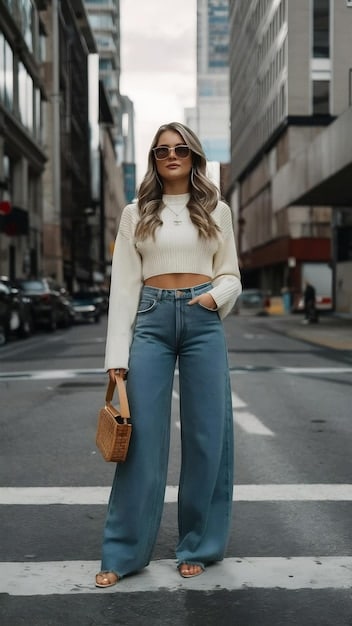 A full-length shot of a woman wearing trendy wide-leg jeans and a tucked-in blouse, walking down a sunny Parisian street. The photo emphasizes the flowing movement of the jeans and how they elongate the legs.