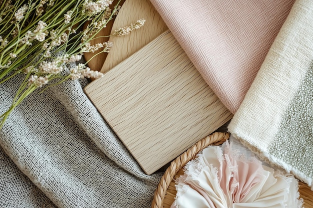 A close-up of different fabrics suitable for spring, including cotton, linen, and light wool. The fabrics are arranged on a wooden table with natural light.