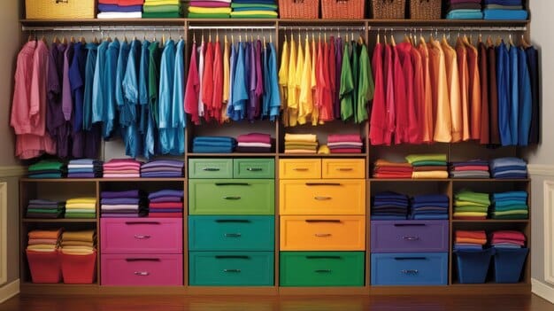 A well-organized closet with clothes sorted by color and type, with various accessories neatly displayed, like scarves, belts, and jewelry. The clothing is mostly neutral colors with pops of bright accessories.