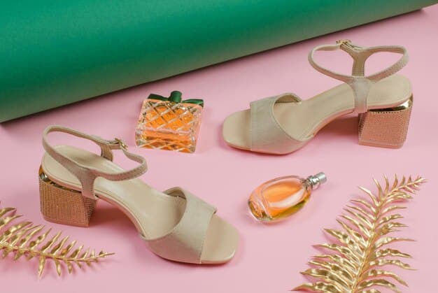 A collection of vintage-inspired platform sandals and pointed-toe pumps, arranged on a pastel-colored background, showcasing a blend of retro and modern design elements.