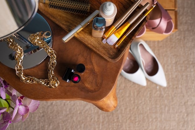 A close-up shot of various fashion accessories neatly organized on a vanity table. The accessories include necklaces, earrings, bracelets, sunglasses, and a silk scarf.