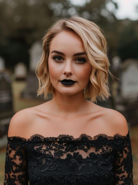 Close up of a woman with a smoky eye makeup look and elegant hair updo, wearing a little black dress and smiling softly at the camera.