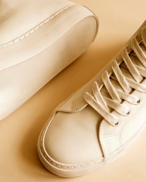 A variety of shoes in beige and nude tones, displayed on a clean white surface, showcasing different styles and materials.