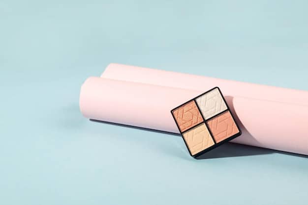 A display of various makeup products in pastel shades, including eyeshadow palettes, lipsticks, and blush compacts, arranged on a clean white surface with soft, diffused lighting.
