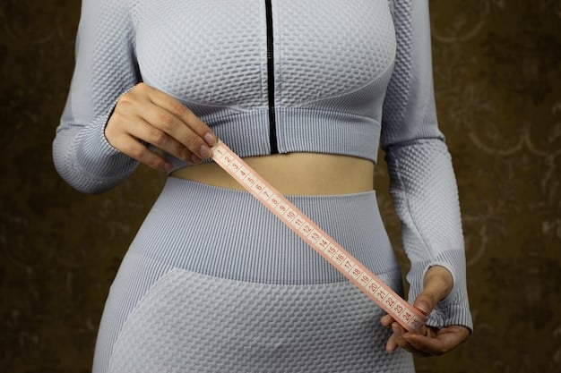 A close-up of a measuring tape showing inches and centimeters, with a woman's hand holding it around her waist. The background is blurred, highlighting the importance of accurate body measurements.
