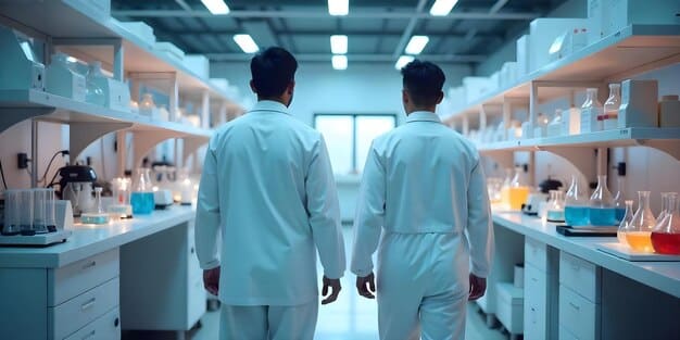 A split image. On one side, a laboratory setting with scientists in lab coats testing fabric samples. On the other side, a stack of brightly colored Shein garments, contrasting the controlled lab environment with the mass-produced fashion items.