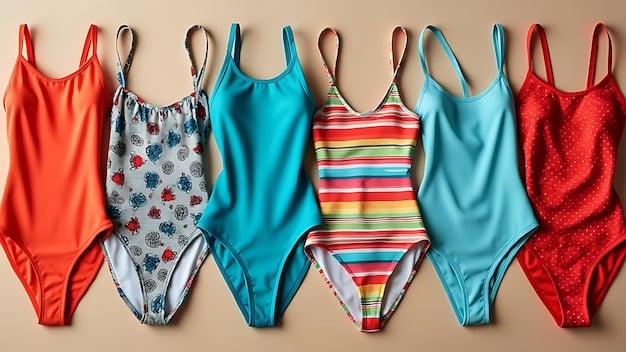A collage showing three different types of swimsuits. The first swimsuit is a one-piece with good support features. The second is a bikini with thin straps and little support, and the third is a sports swimsuit.