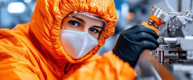 A lab technician in protective gear analyzing a fabric sample under a microscope. The focus is on the technician's face and the lab equipment.