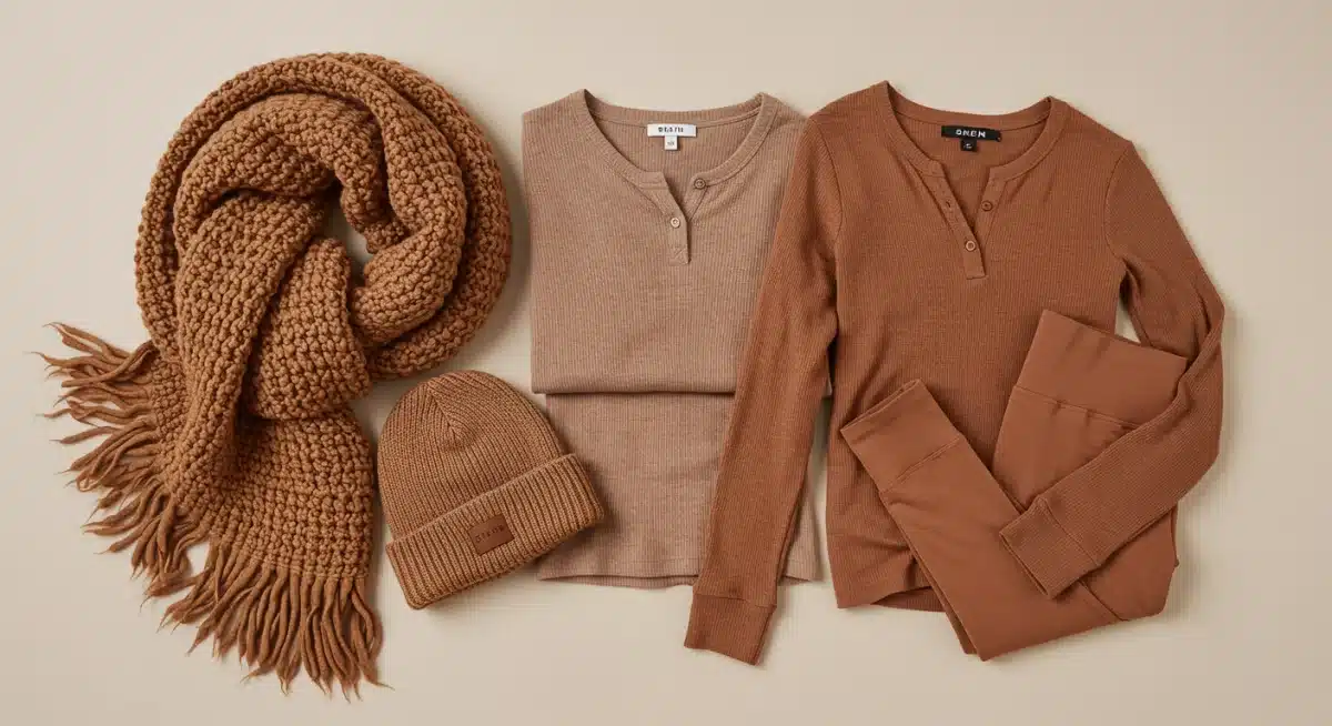 Accessoires et vêtements SHEIN pour un style cocooning chic avec écharpe, bonnet et leggings.