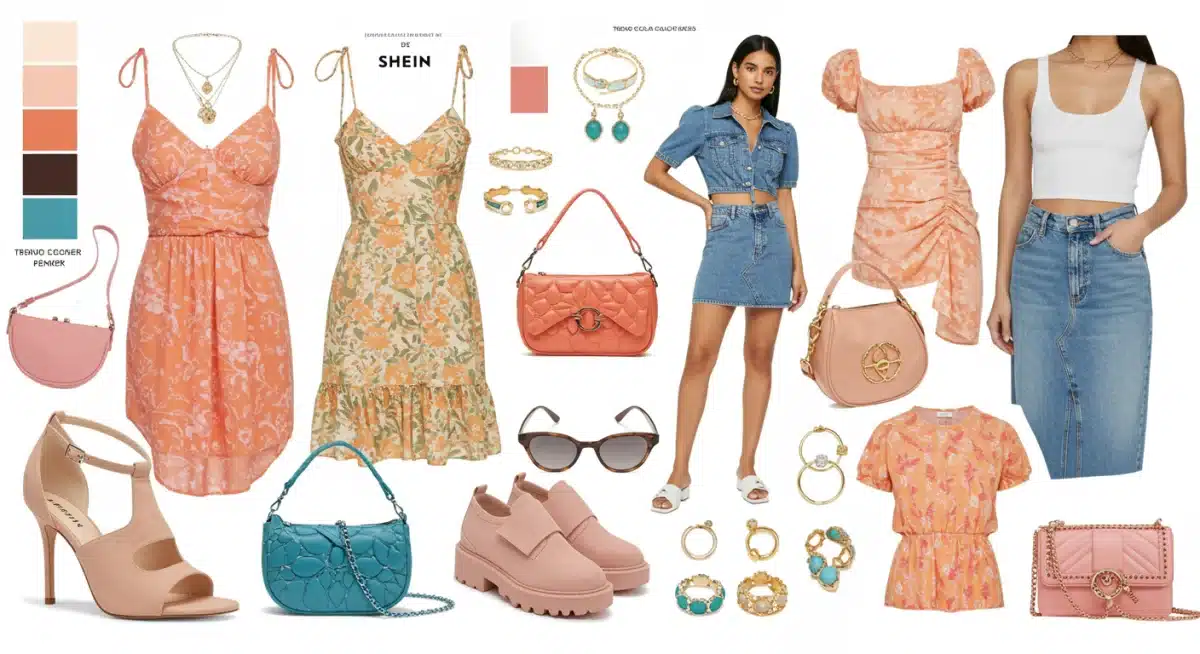 Composition de vêtements et accessoires SHEIN représentant une palette de couleurs tendance 2025, comme l'Éclat Tropical, avec des articles vibrants et harmonieux.