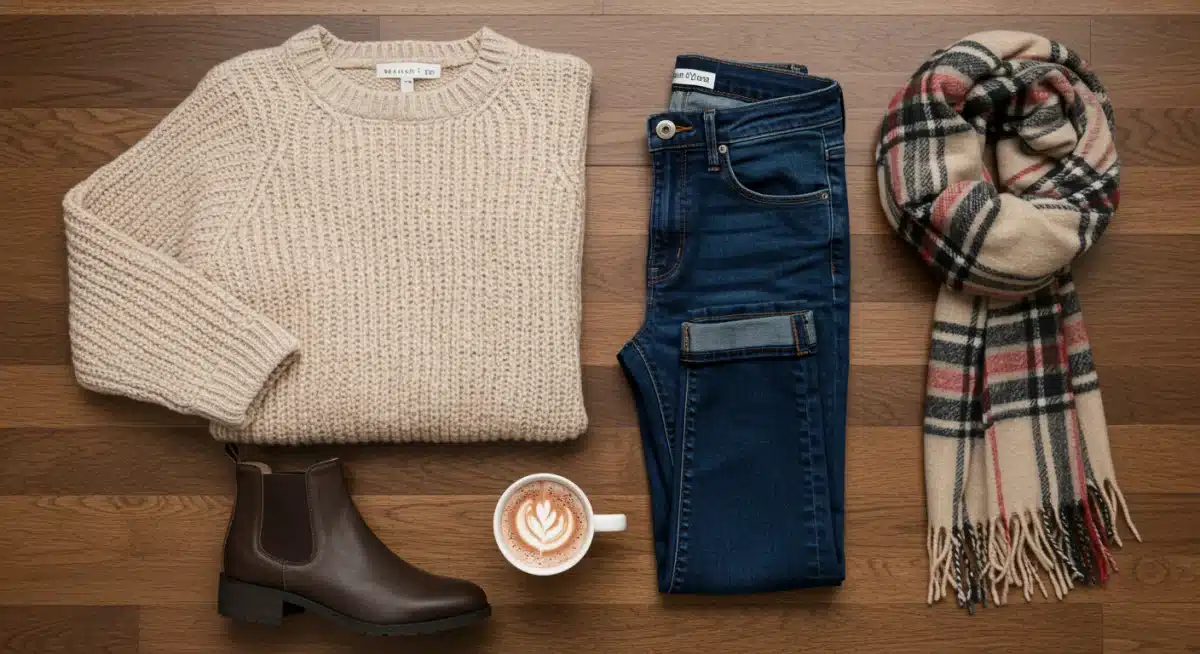Vue à plat d'un ensemble hivernal confortable avec pull en maille, jean et écharpe à carreaux, idéal pour le quotidien.