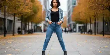 Jeune femme souriante portant un jean SHEIN tendance pour la rentrée 2025, dans un décor urbain automnal.