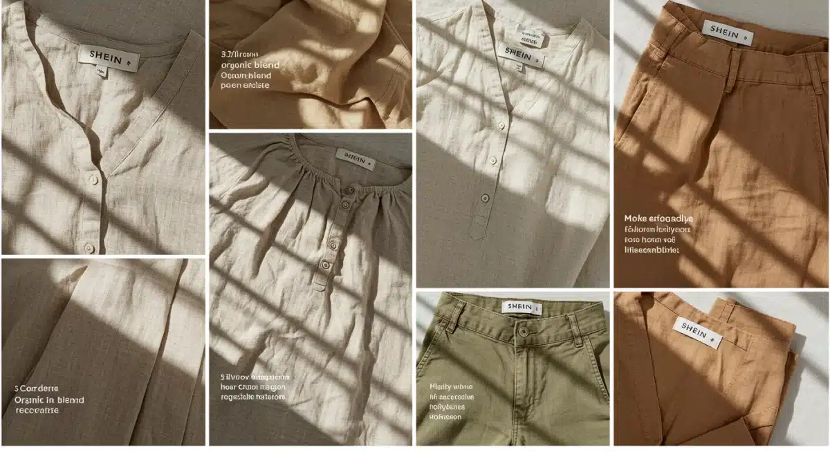 Aperçu détaillé d'articles de la collection Shein éco-responsable, mettant en avant des matières durables et des designs modernes.