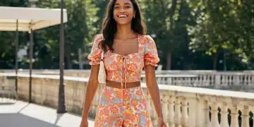 SHEIN Printemps-Été 2025 : 3 looks inspirants pour chaque occasion Jeune femme élégante portant un look SHEIN Printemps-Été 2025 tendance et coloré, souriante dans un parc ensoleillé.