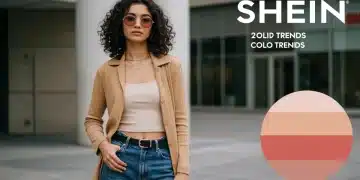 Jeune femme élégante adoptant les couleurs tendance de SHEIN pour 2025, avec des vêtements aux teintes vives et douces, posant dans un cadre urbain moderne.