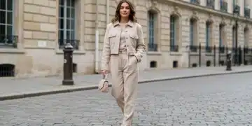 Jeune femme élégante affichant un style Shein 2025, mélange de vintage et minimalisme, dans un décor urbain français.