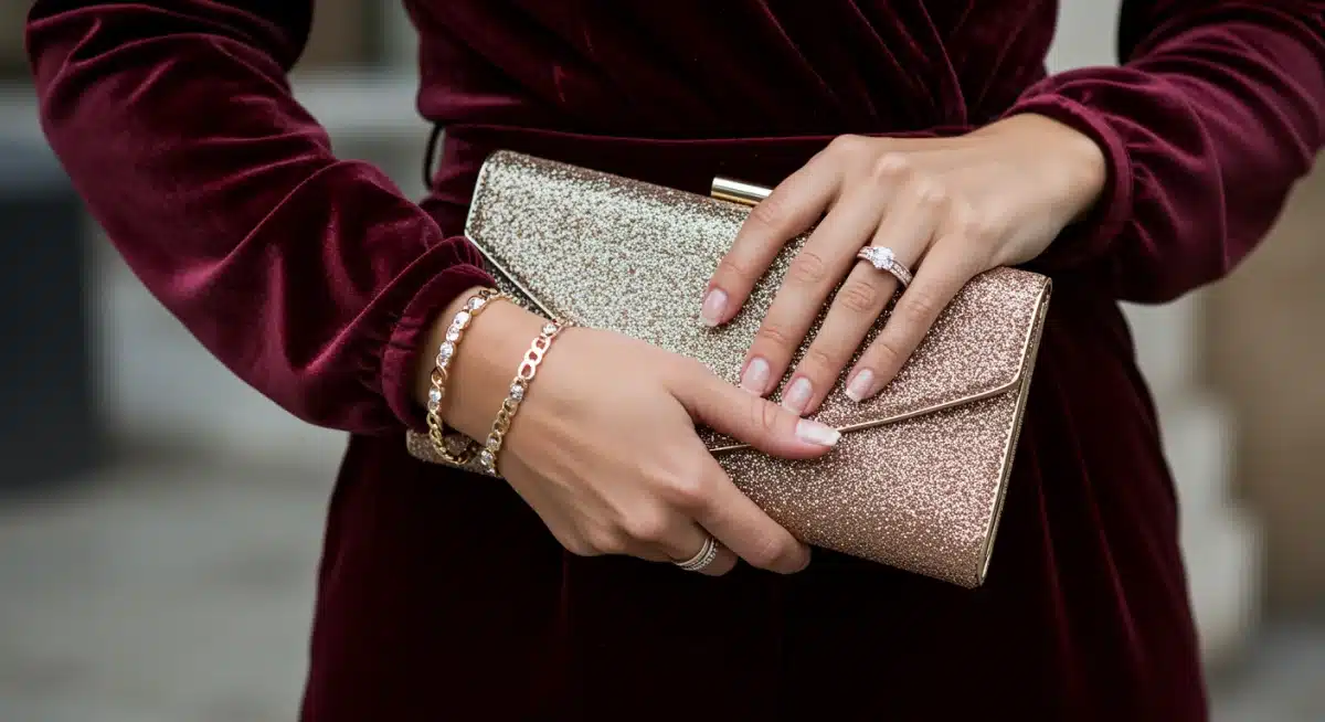 Détail d'accessoires élégants : bijoux fins et pochette, complétant une tenue festive SHEIN en velours.