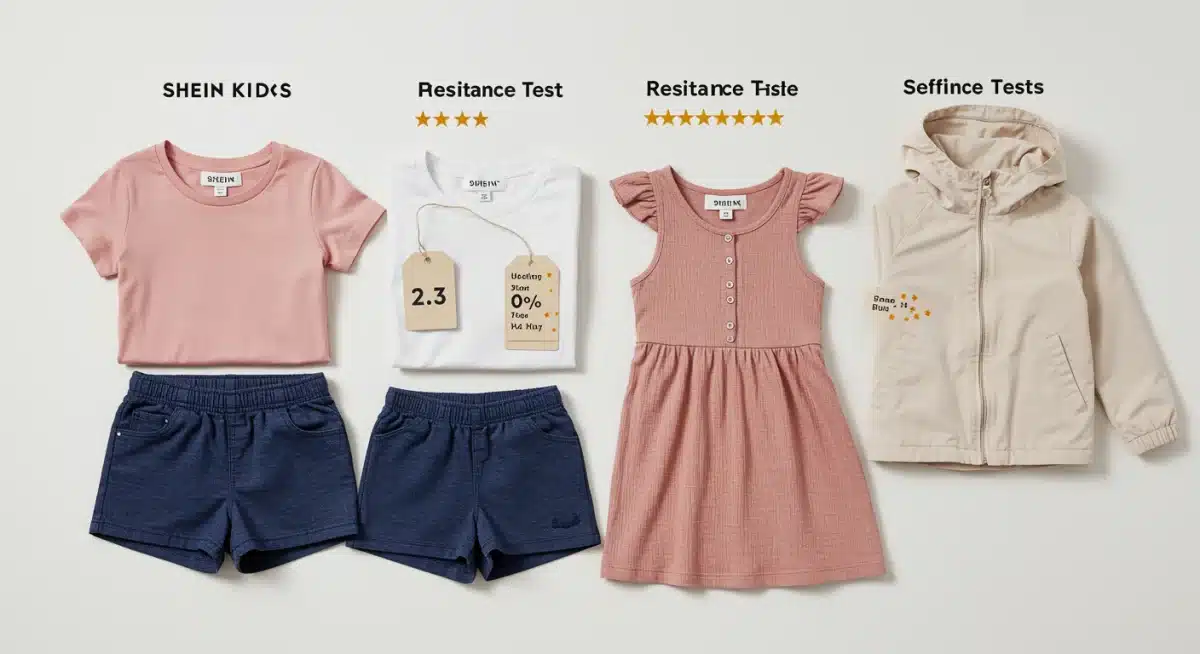 Quatre articles SHEIN Kids après des tests de résistance, évaluant leur durabilité.
