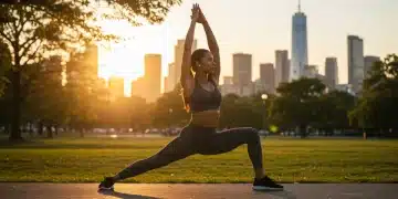 Athlète féminine étirant ses muscles avec des vêtements de sport SHEIN au lever du soleil dans un parc urbain, montrant confort et style.