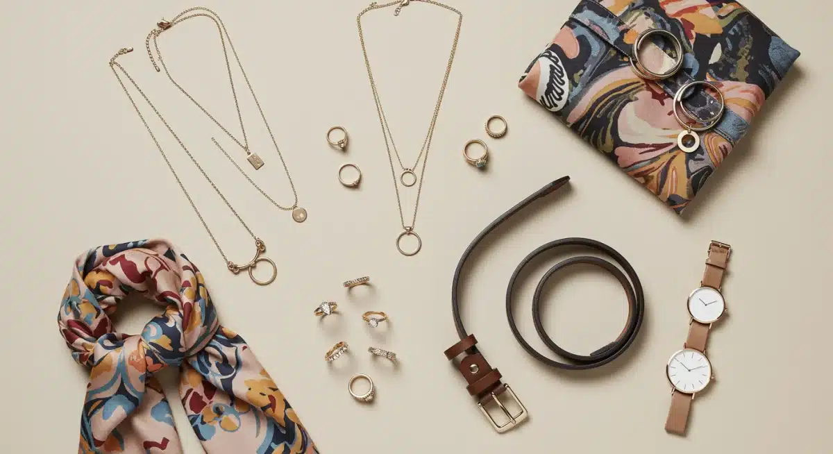 Assortiment d'accessoires SHEIN : colliers, bagues, ceinture, foulard, montre, pour des looks variés.