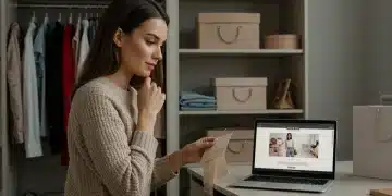 Femme examinant attentivement une étiquette de vêtement dans un dressing moderne, avec le site Shein sur un ordinateur portable, symbolisant des achats réfléchis.