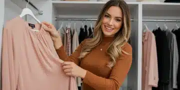 Jeune femme souriante examinant la qualité d'un vêtement Shein, symbolisant l'achat intelligent et stylé à petit prix.