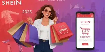 Jeune femme souriante avec des sacs Shein, optimisant son panier, entourée de vêtements tendance 2025