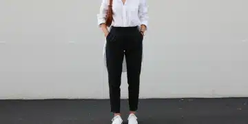 Optimisez votre budget mode SHEIN : 6 pièces polyvalentes 2025 Femme élégante portant des pièces polyvalentes SHEIN, chemise blanche, pantalon noir, baskets blanches, symbole de mode intelligente et économique.