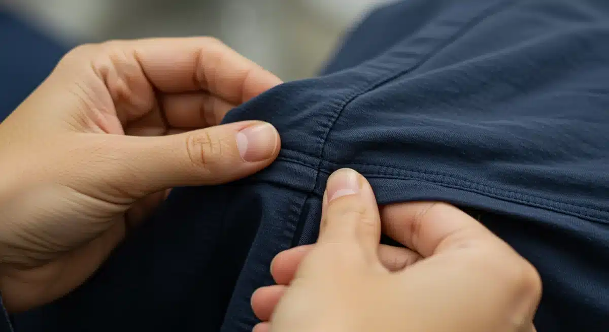 Mains examinant attentivement les coutures et la texture d'un tissu Shein, illustrant l'importance de vérifier la qualité des finitions.