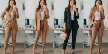 Femme souriante dans un bureau moderne, présentant six tenues professionnelles élégantes créées à partir de deux vêtements SHEIN polyvalents pour la semaine de travail 2025.