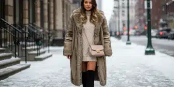 Jeune femme élégante portant un manteau fausse fourrure, une robe pull, des bottes hautes et un sac à main Shein, dans un décor hivernal urbain, illustrant les looks tendance pour l'hiver 2025.