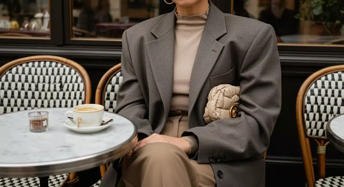 Femme élégante adoptant la tendance minimaliste chic de Shein avec un blazer oversize et un pantalon large dans un café parisien.