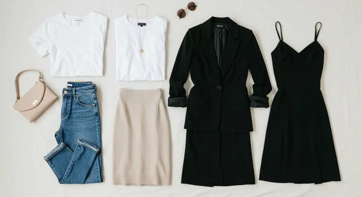 Six pièces vestimentaires SHEIN polyvalentes disposées à plat : t-shirt blanc, jean, blazer noir, jupe midi, pull en maille, petite robe noire, illustrant la modularité d'une garde-robe capsule.