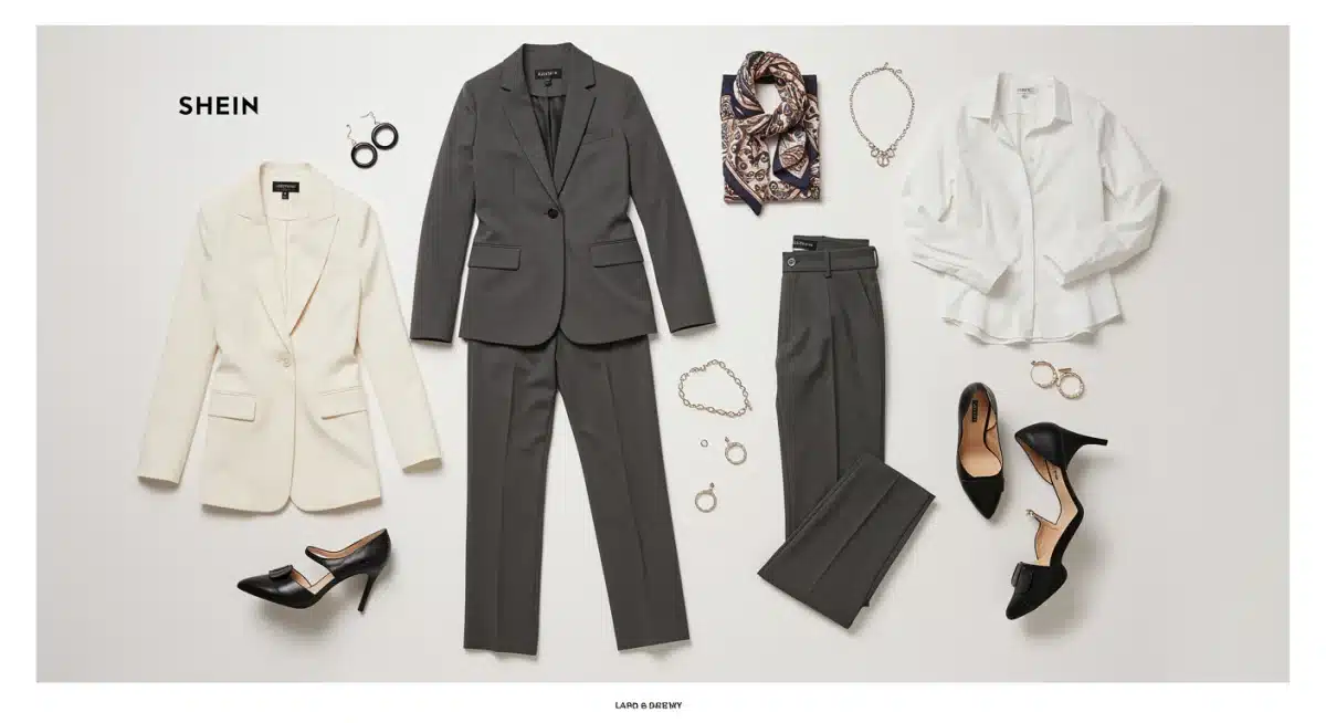 Deux pièces SHEIN polyvalentes (un blazer et un pantalon ajusté) disposées avec des accessoires et des hauts variés pour illustrer les multiples combinaisons de tenues professionnelles.