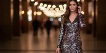 Femme élégante portant une mini-robe à sequins SHEIN, parfaite pour une soirée festive de fin d'année 2025.
