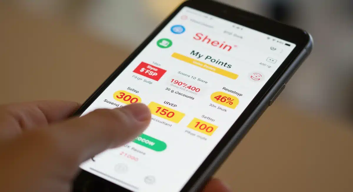 Écran de smartphone affichant la section 'Mes Points' de l'application Shein, avec une main interagissant pour utiliser les points de fidélité
