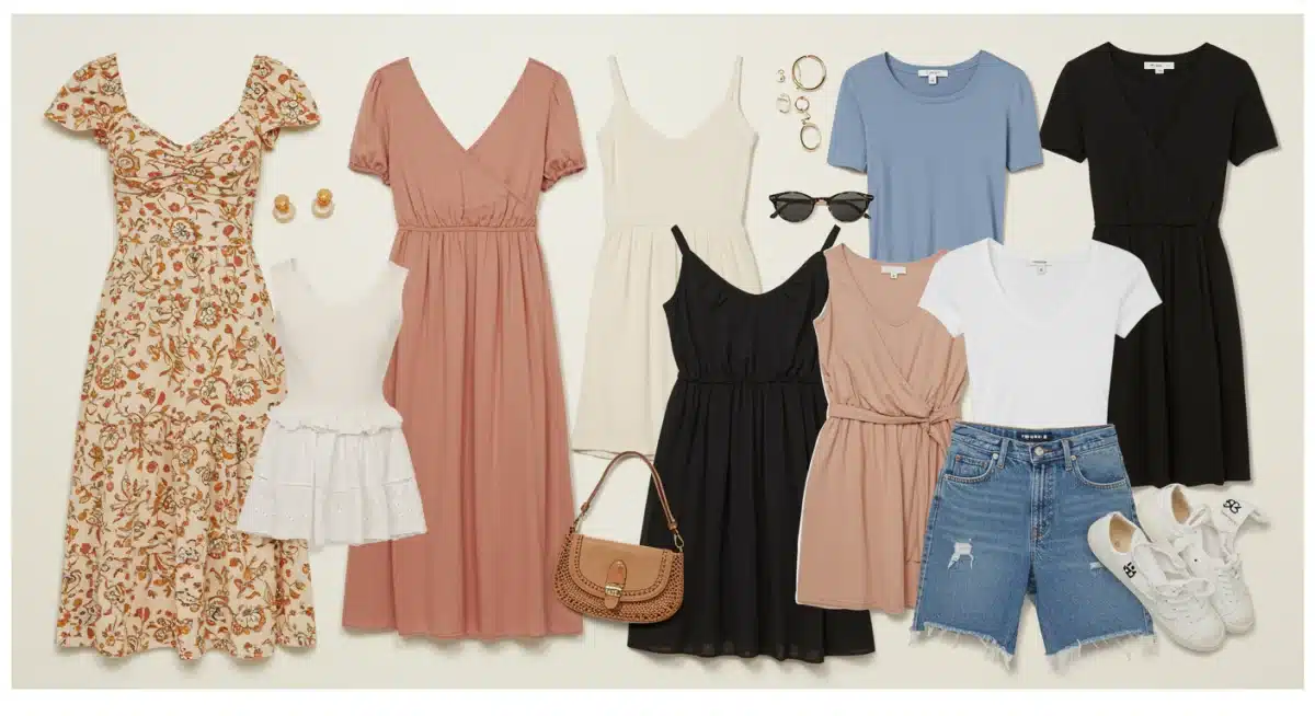 Vue de dessus de vêtements Shein variés, incluant robes et hauts, disposés sur un fond clair, mettant en évidence la diversité des styles et la qualité perçue.