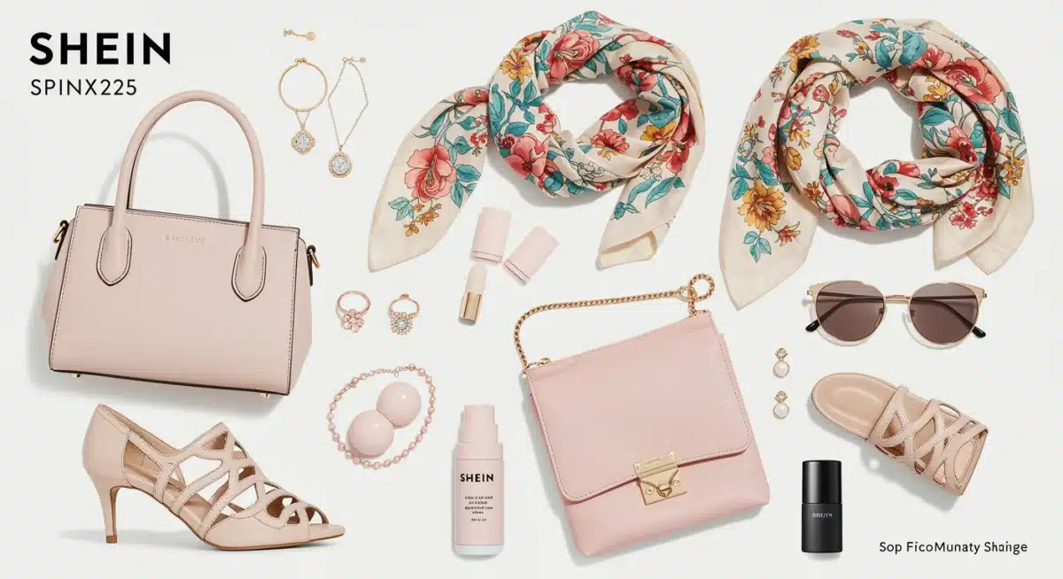 Assortiment d'accessoires et de vêtements SHEIN pour le printemps 2025, mettant en avant les couleurs pastel et les motifs floraux.