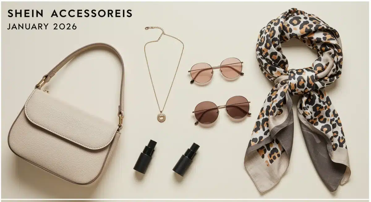 Accessoires SHEIN minimalistes et tendances de janvier 2026: sac, collier, lunettes, écharpe.
