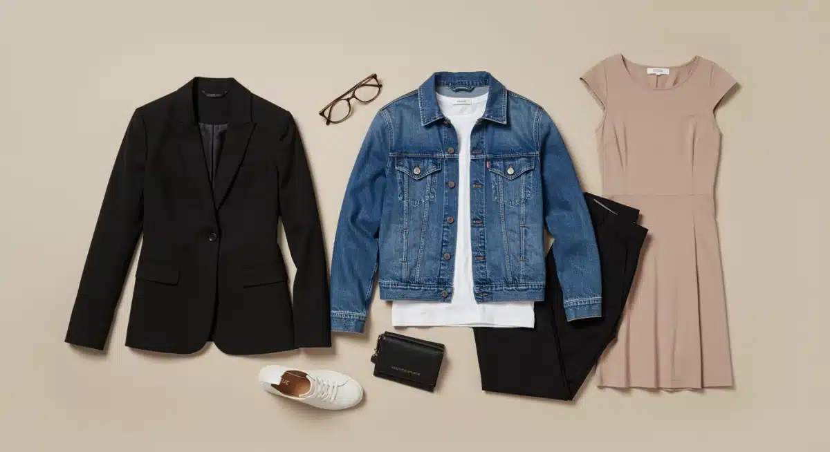 Assortiment de vêtements intemporels : blazer noir, jean, t-shirt blanc, pantalon tailleur, robe simple